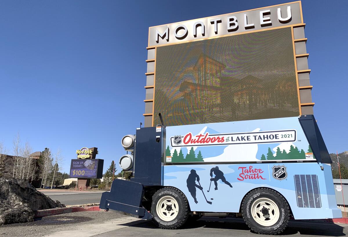 This photo taken Thursday, March 4, 2021, in the parking lot of the Montbleu hotel-casino in Stateline, Nevada shows the Zamboni the NHL donated to Tahoe South Event Center to utilize for ice events in the multi-purpose facility after two NHL games were played last month on an outdoor ice rink built on the golf course across the street at Edgewood Tahoe Golf Course in Stateline, Nev. (Mike Peron/The Tahoe Tribune via AP)
