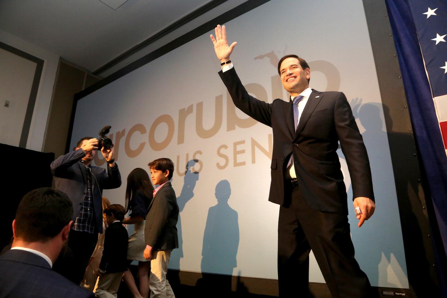 U.S. Sen. Marco Rubio greets his supporters at the Hilton Miami Airport Hotel Tuesady night after winning re-election over U.S. Rep. Patrick Murphy. Photo by Mike Stocker / South Florida Sun Sentinel