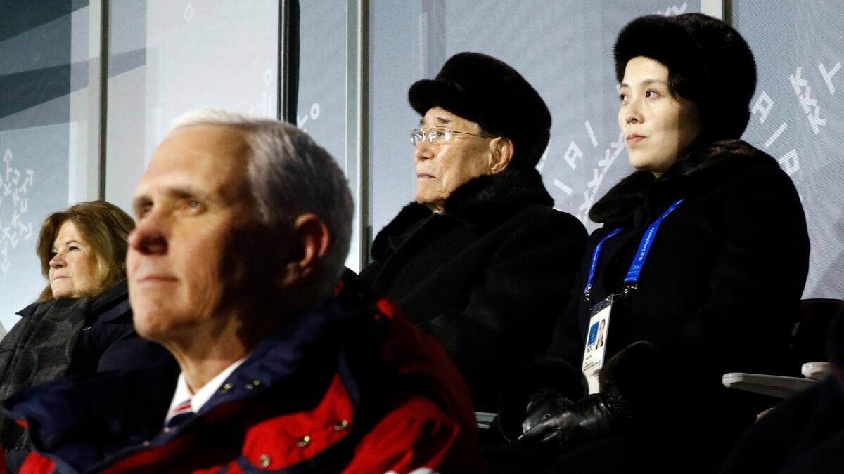 Shortly before U.S. Vice President Mike Pence, foreground, was to meet with Kim Yo Jong, top right, the sister of North Korean leader Kim Jong Un, and with Kim Yong Nam, center, the regime's nominal head of state, the North Koreans canceled, according to Pence's office.