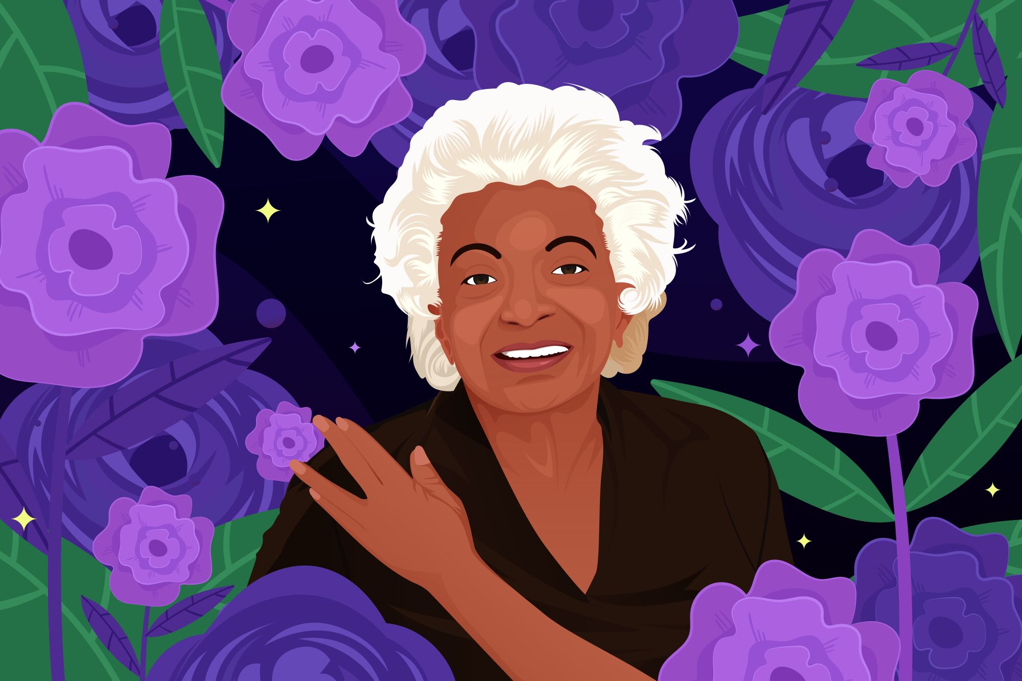 Illustration of Nichelle Nichols spreading her fingers in a Vulcan salute.