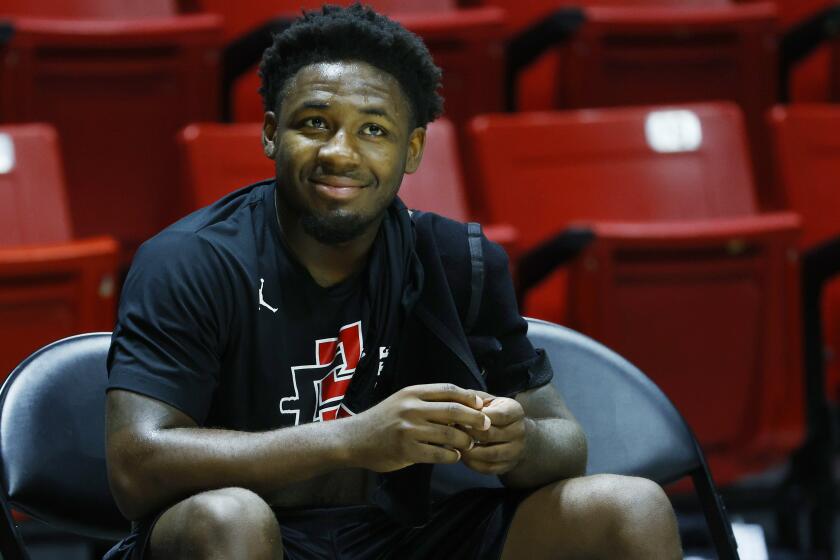 San Diego, CA, October 2, 2023: San Diego State's Darrion Trammell looks on during a practice at Viejas Arena on Monday, October 2, 2023. (K.C. Alfred / The San Diego Union-Tribune)
