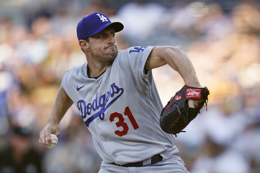 Dodgers starting pitcher Max Scherzer delivers a pitch during Thursday's game against San Diego.