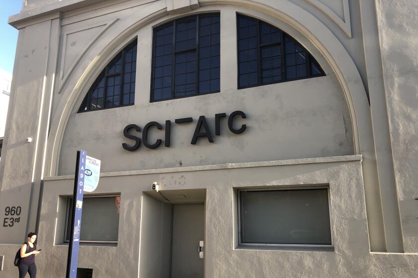 A view of the former rail depot building that houses SCI-Arc (the Southern California Institute of Architecture) in the Arts District in downtown Los Angeles on April 6, 2022.