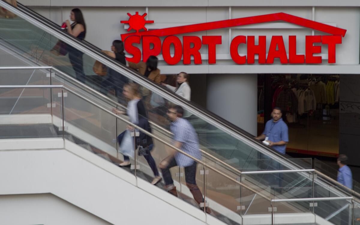 The Sport Chalet at the Figueroa and 7th Street shopping center in downtown Los Angeles is shown. The chain is being sold to Vestis Retail Group.