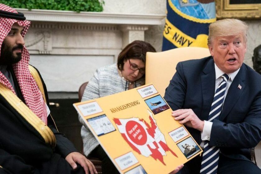 President Trump shows off posters as he talks with Crown Prince Mohammad bin Salman in the Oval Office on March 20. MUST CREDIT: Washington Post photo by Jabin Botsford ** Usable by LA, BS, CT, DP, FL, HC, MC, OS, SD, CGT and CCT **