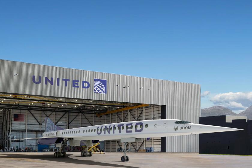 This photo provided by Boom Supersonic shows an artist’s rendition of United Airlines Boom Supersonic Overture jet. United said Thursday, June 3, 2021 that it reached a deal with startup aircraft maker Boom Supersonic to buy 15 of Boom's Overture jets. The planes haven't been built yet, but Boom says they will fly at 1.7 times the speed of sound, or around 1,300 mph. (Boom Supersonic via AP)