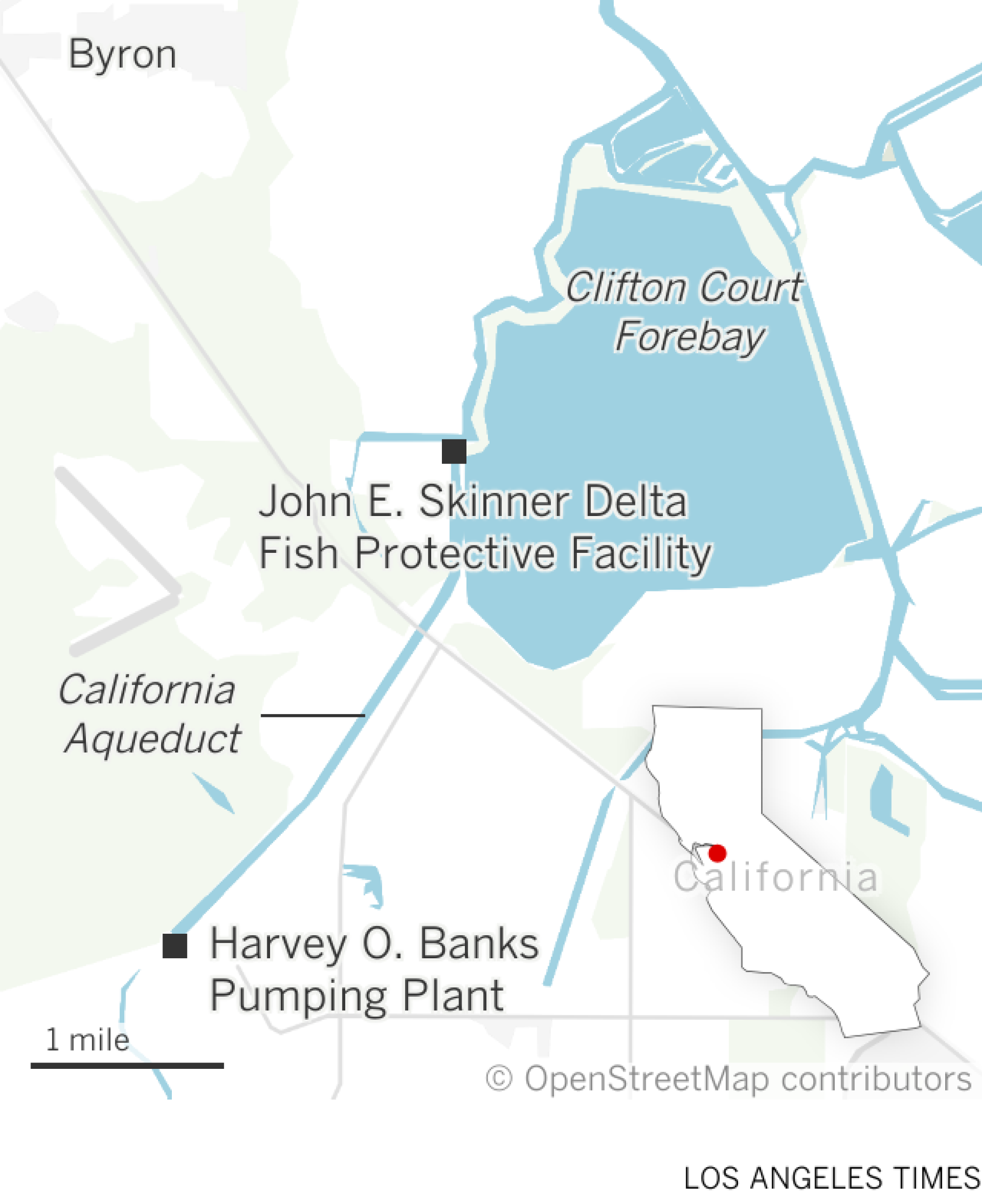 Map shows a close up of the area of Byron, California, that includes the Clifton Court Forebay. The John E. Skinner Delta Fish Protective Facility is located on the western side of the Clifton Court Forebay, and the Harvey O. Banks Pumping Plant is located further south, along the California Aqueduct.