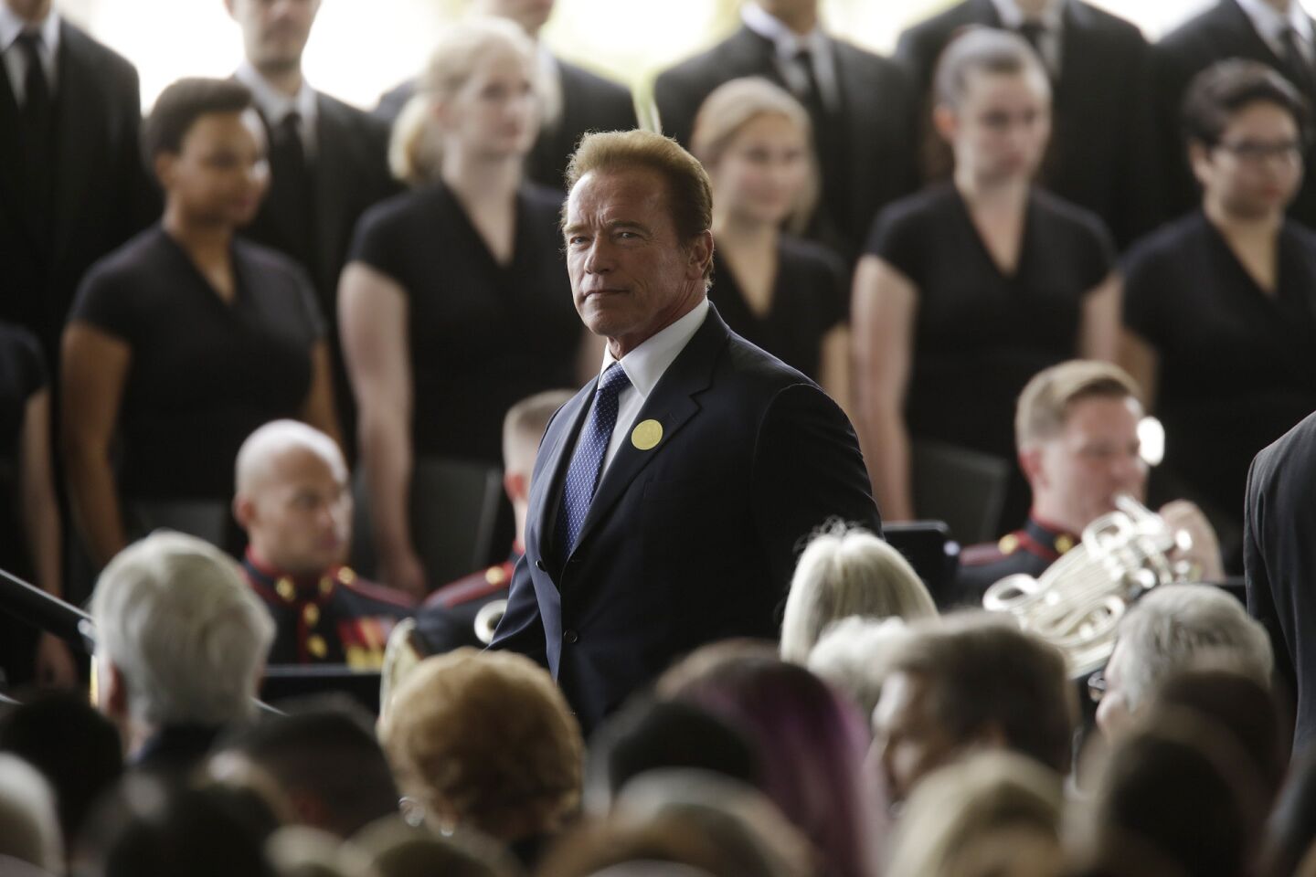 Former California Gov. Arnold Schwarzenegger arrives for the funeral of former First Lady Nancy Reagan at the Ronald Reagan Presidential Library in Simi Valley.