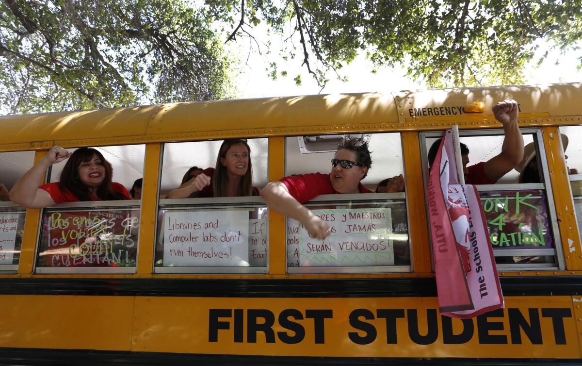 Teachers travel to a series of rallies by bus in April during negotiations for a new contract with the Los Angeles Unified School District.