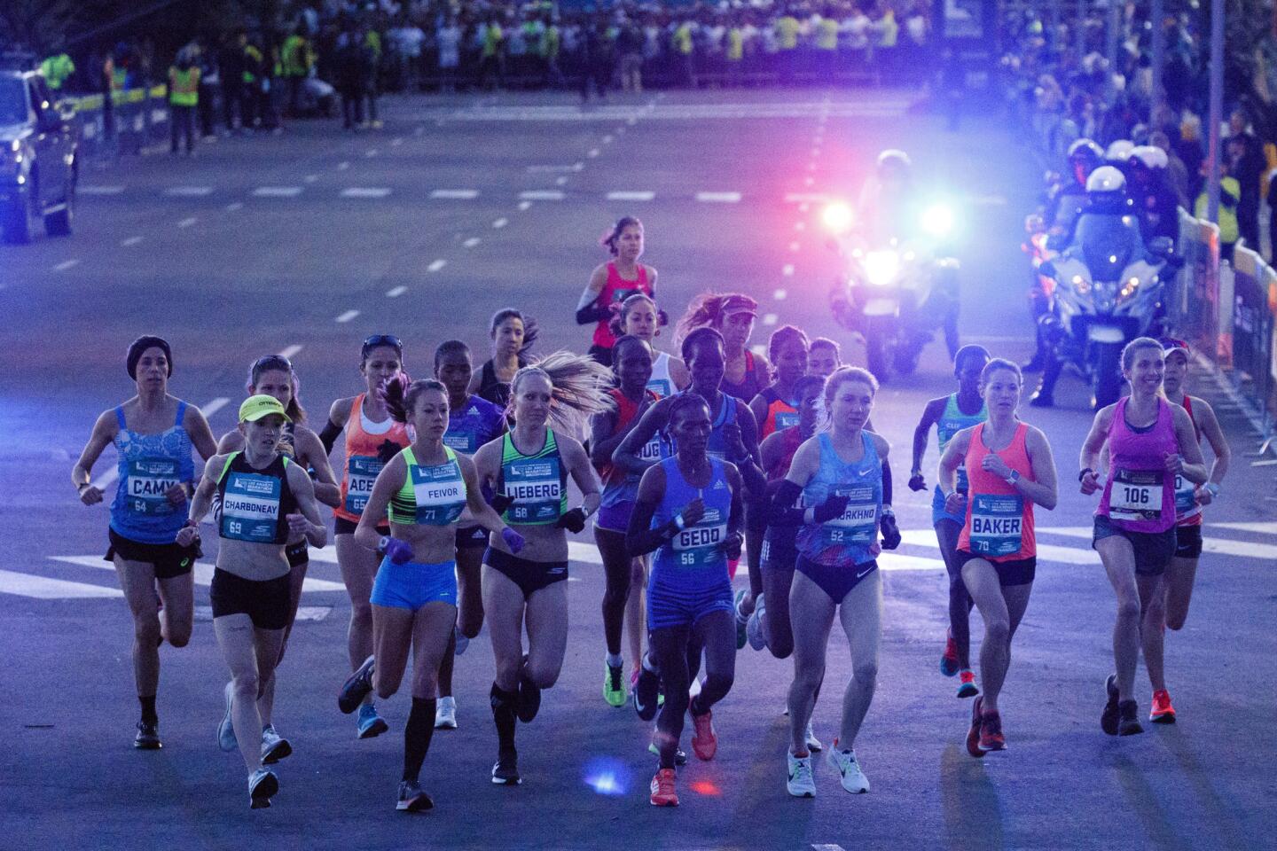 The elite women begin their phase of the L.A. Marathon at Dodger Stadium on March 18.