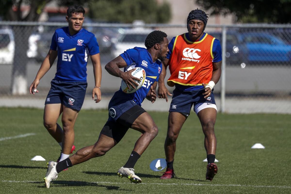 Carlin Isles carries the ball during a U.S. rugby sevens practice on Feb. 26, 2020, at Dignity Health Sports Park in Carson.