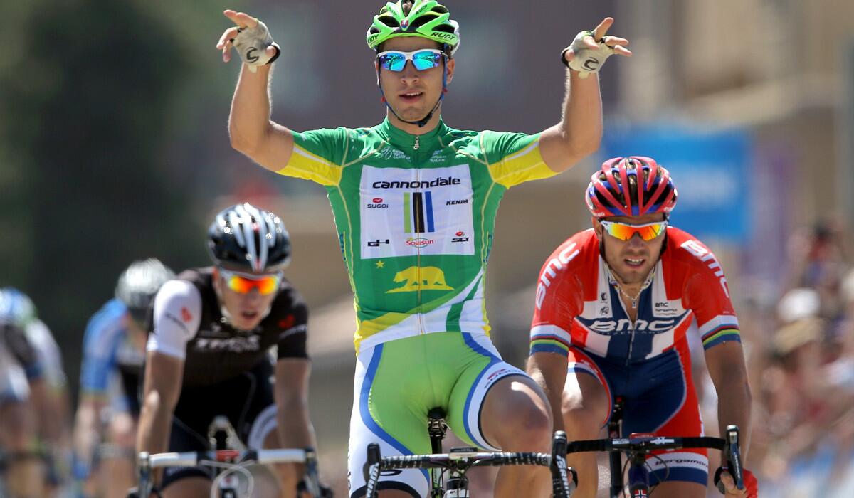 Peter Sagan celebrates after winning the tour of California's seventh stage just ahead of Thor Hushovd, right, and Danny Van Poppel on Saturday in Pasadena.