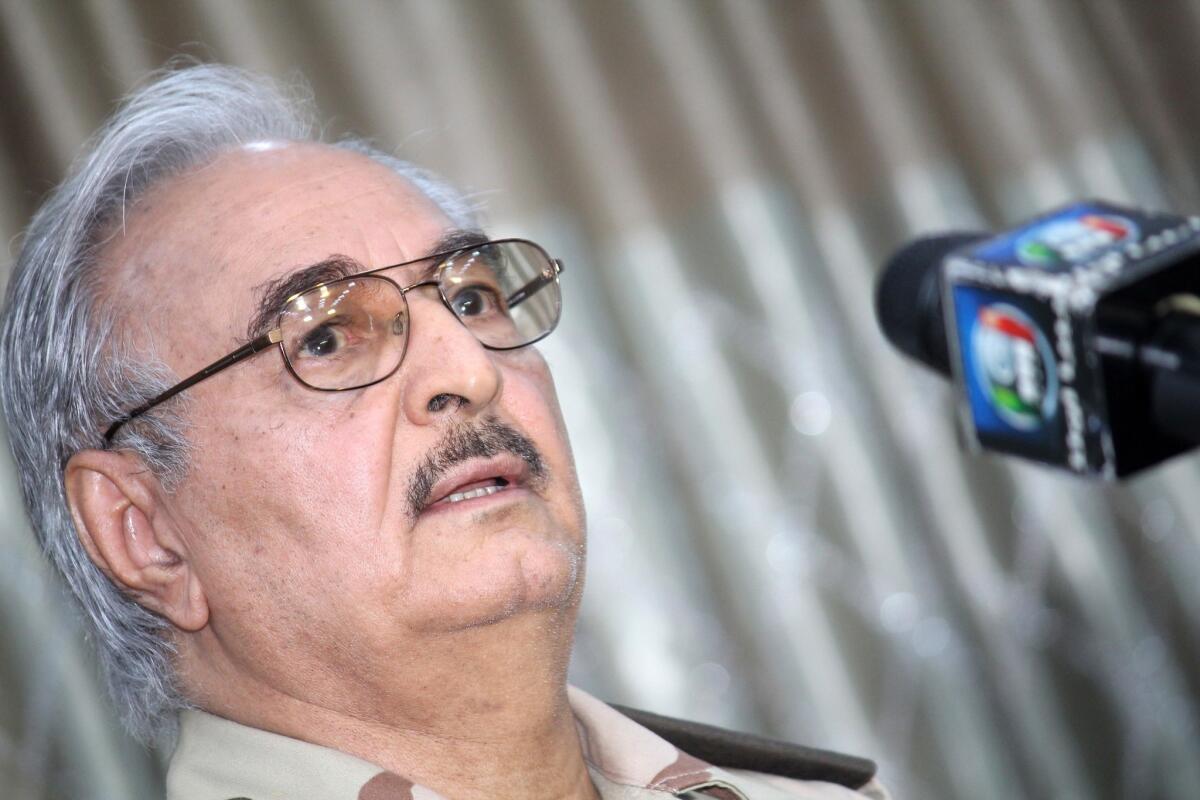Rogue former Gen. Khalifa Haftar of Libya, shown at a news conference last month, reportedly survived an assassination attempt Wednesday.