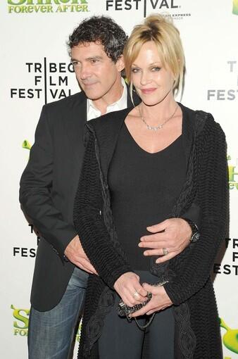 Antonio Banderas, the voice of Puss 'N Boots, and wife Melanie Griffith attend the "Shrek Forever After" premiere at New York's Ziegfeld Theatre.