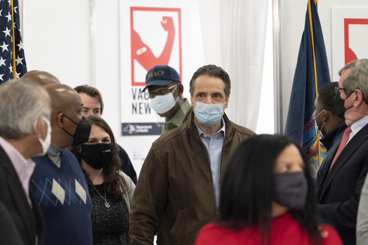 New York Gov. Andrew Cuomo visits a COVID-19 vaccination site