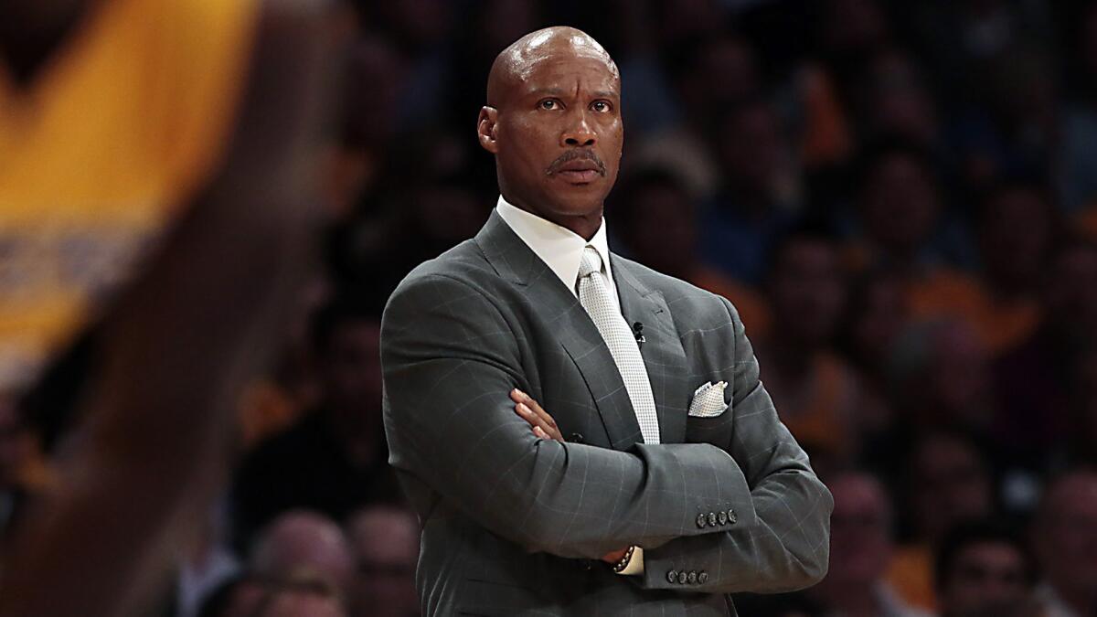 Lakers Coach Byron Scott looks on during a game against the Houston Rockets at Staples Center in October 2014.