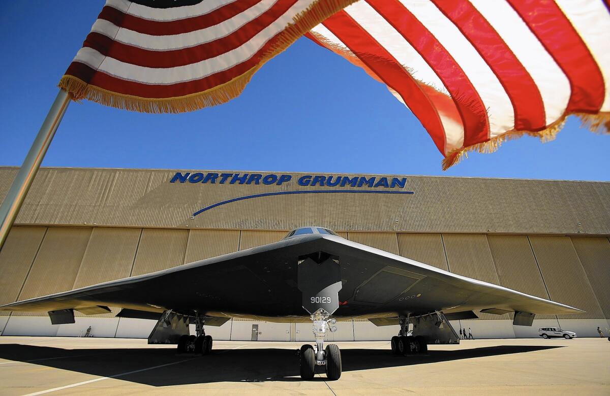 A B-2 stealth bomber is parked at a Northrop Grumman facility in the Antelope Valley. Northrop could build parts of the company’s proposed Long-Range Strike Bomber in Palmdale.