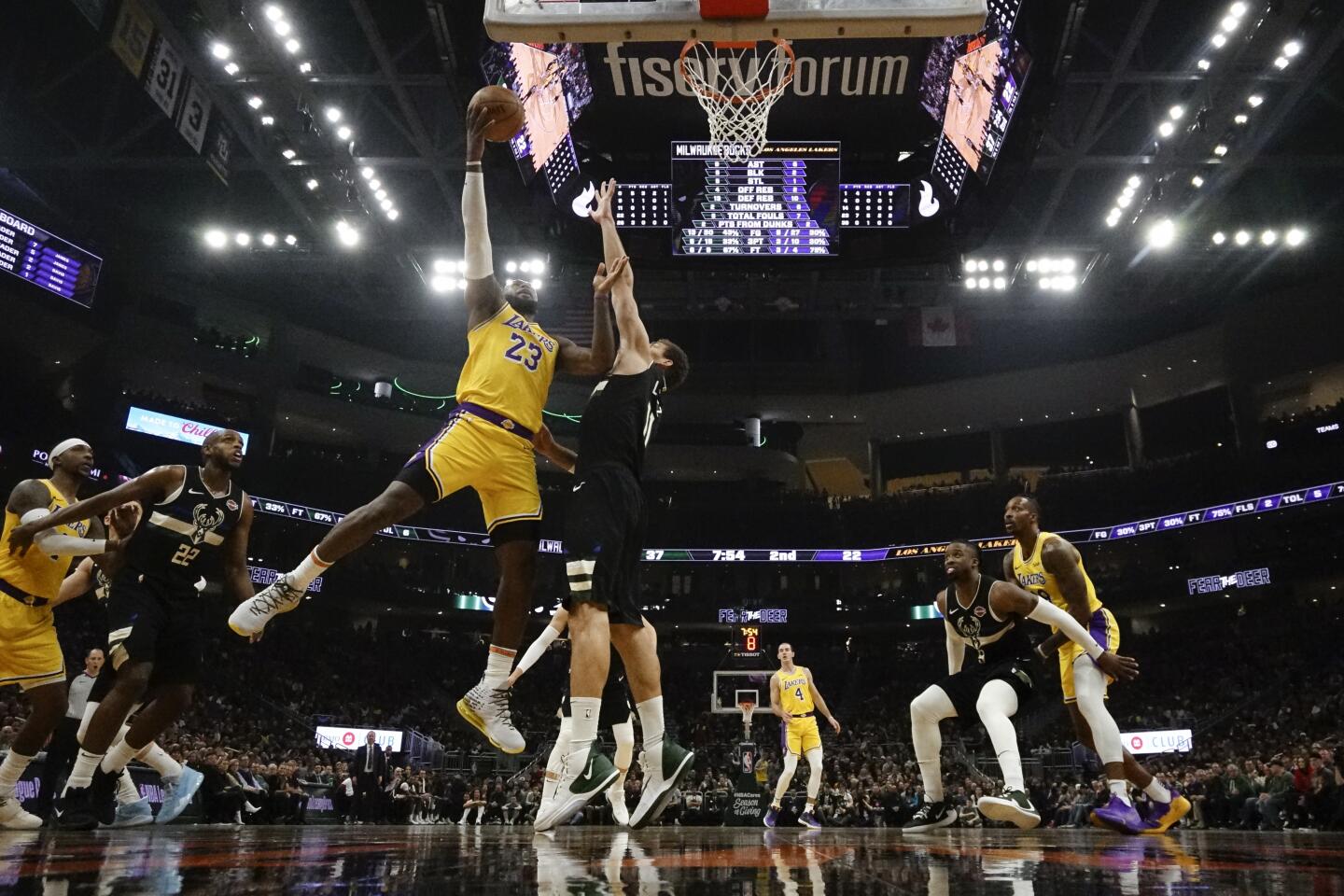 Lakers forward LeBron James puts up a shot during the first half of a game Dec. 19 against the Bucks.
