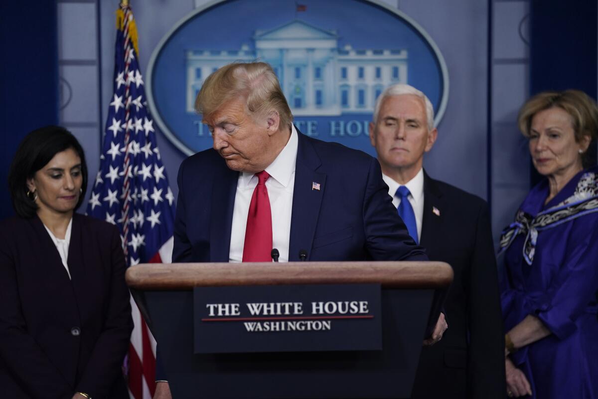 President Trump discusses the pandemic at a news conference.