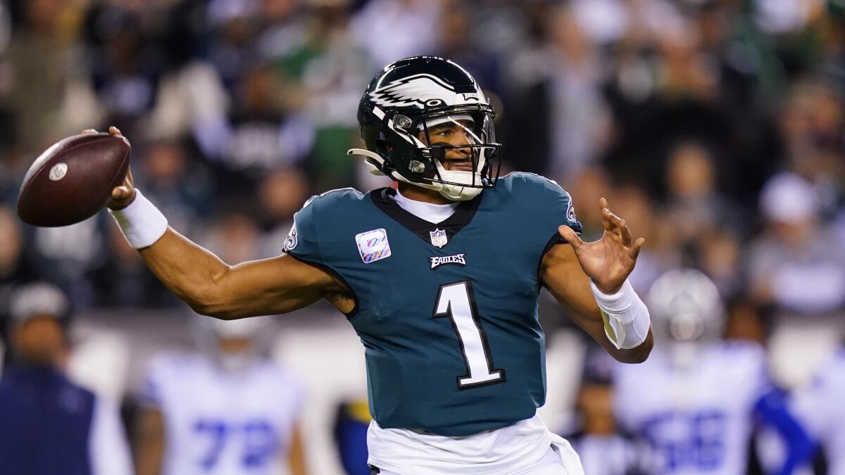 Philadelphia Eagles' Jalen Hurts plays during a game.