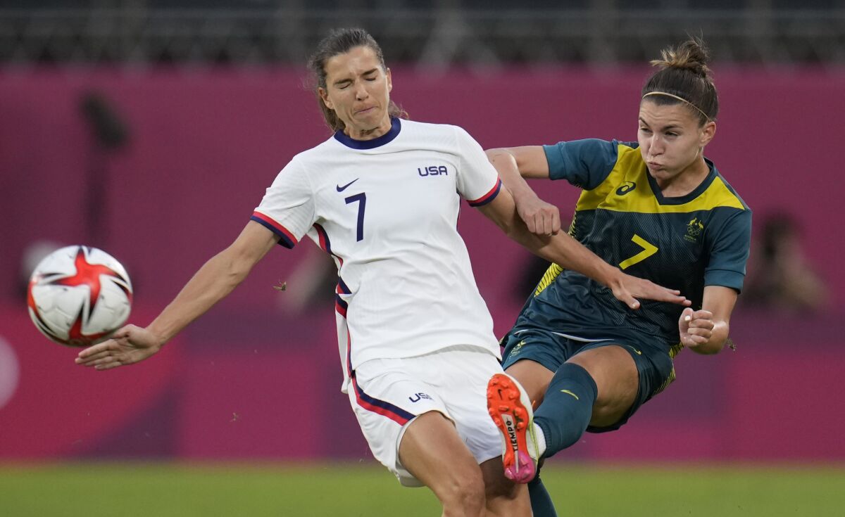Tobin Heath, left, and Australia's Steph Catley during last year's Summer Olympics.