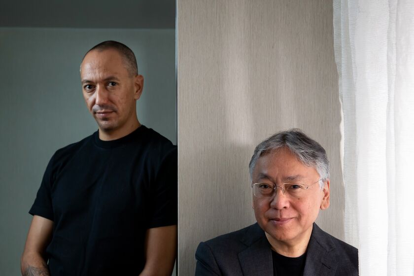 Writer Kazuo Ishiguro, right, and director Oliver Hermanus, left, behind the film, "Living,"