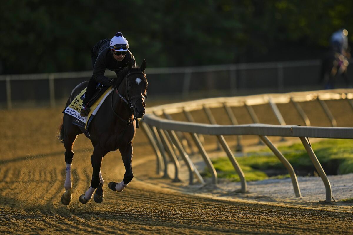 Preakness Stakes entrant Blazing Sevens works out at Pimlico Race Course on Thursday.