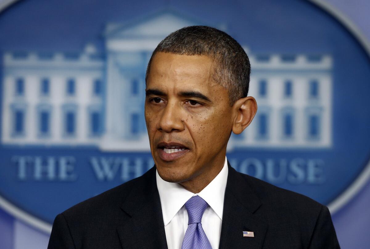 President Obama makes a statement to reporters in the Brady Press Briefing Room at the White House in Washington.