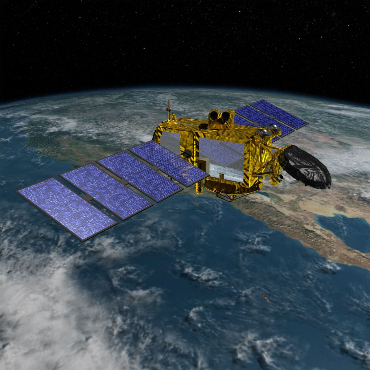 An artist’s concept of Jason-3 over the California coast. When it launches in 2016, the satellite will take unprecedented measurements of El Nino’s effects.