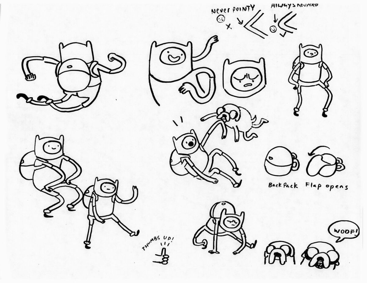 Image from the book " Adventure Time: The Art of Ooo " that show how to draw Adventure Time characters by creator Pendleton Ward. Pictured are sketches of Finn the Human Boy. The book is an extensive look at concept art, storyboards, early character sketches, background paintings, and the series' show bible."