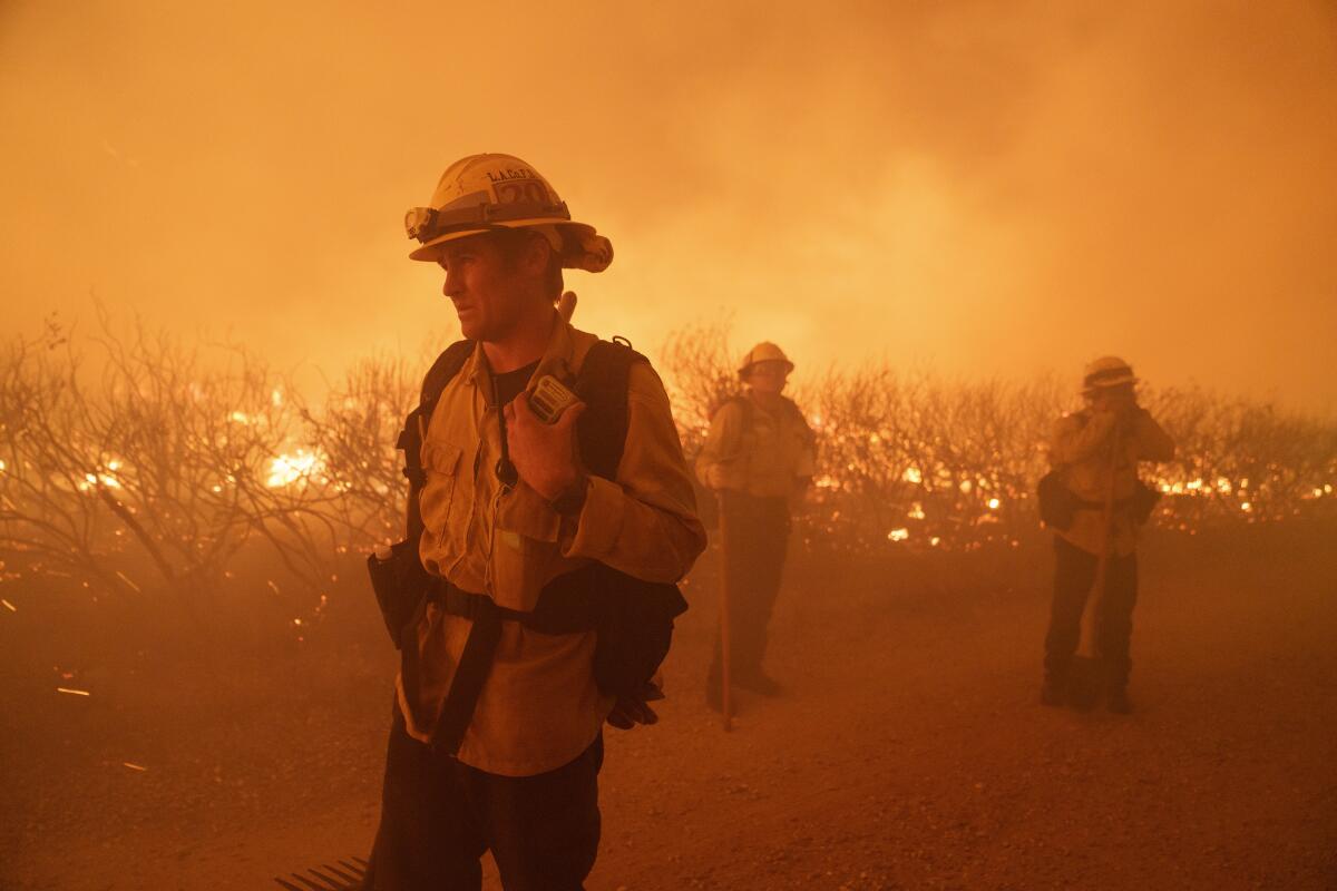Firefighters stand on a roadway as hot spots of flames are seen in the background among tree branches and a smoky sky.
