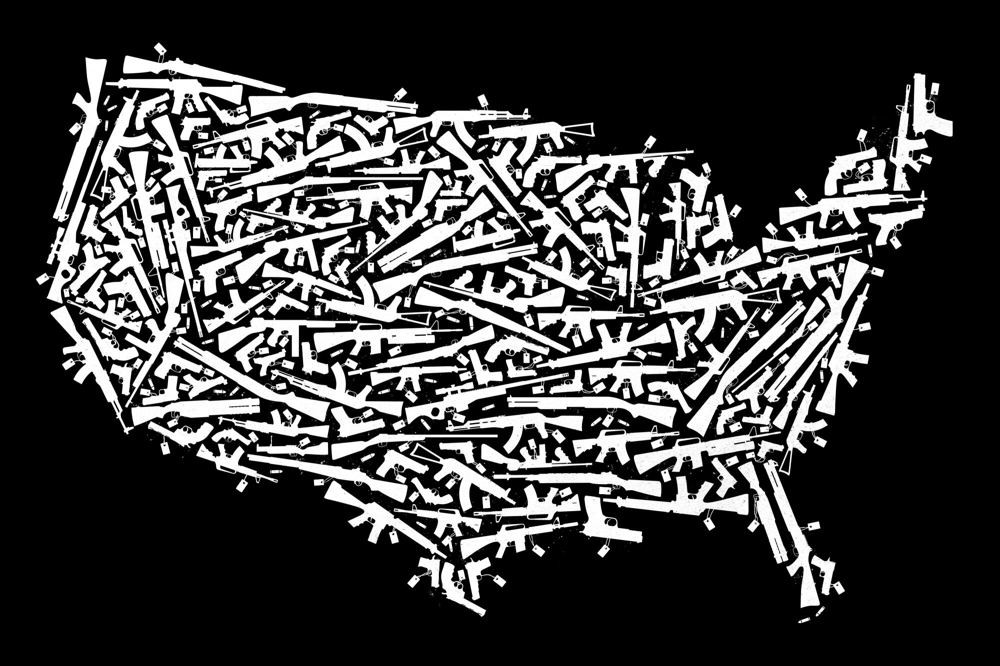 Illustration of the U.S. formed by silhouettes of guns with price tags on a black background.