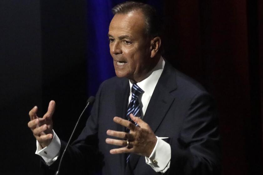 LOS ANGELES, CA - MARCH 22, 2022 - - Businessman Rick Caruso during a mayoral debate at Bovard Auditorium on the USC campus on March 22, 2022. (Genaro Molina / Los Angeles Times)