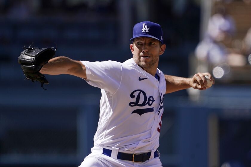 Los Angeles Dodgers starting pitcher Tyler Anderson throws to the plate during the first inning of a baseball game against the San Diego Padres Saturday, July 2, 2022, in Los Angeles. (AP Photo/Mark J. Terrill)