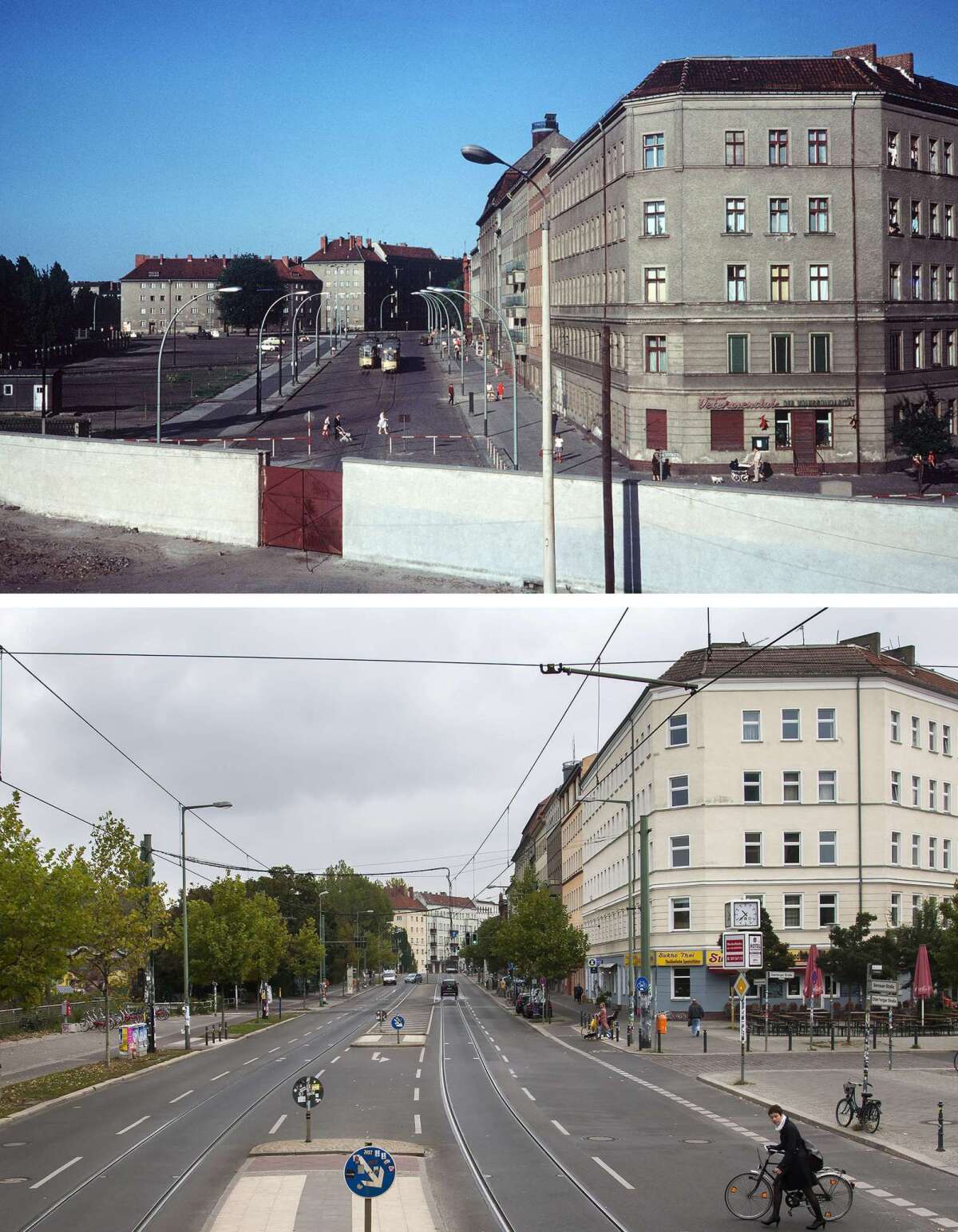 Two view of Eberswalder Strasse and Oderberger Strasse in East Berlin, before and after the fall of the Berlin Wall.