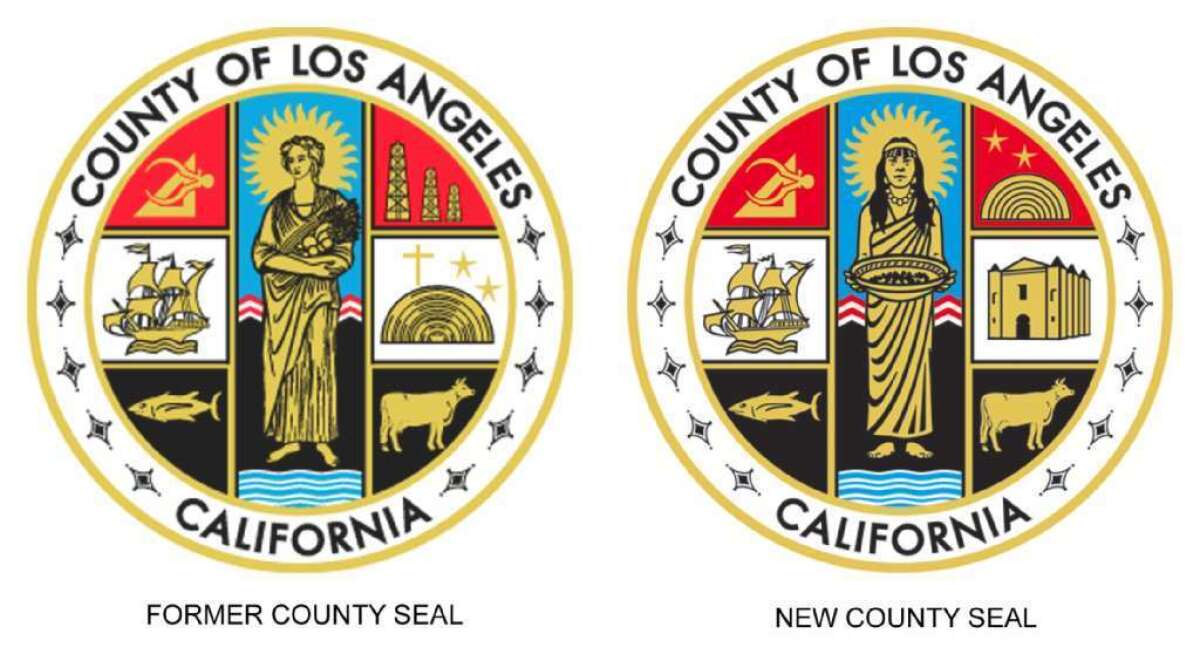 The current official seal of Los Angeles County (right) replaced a previous version in 2004 (left) that contained a Christian cross. Two county supervisors have proposed restoring the cross to the seal.