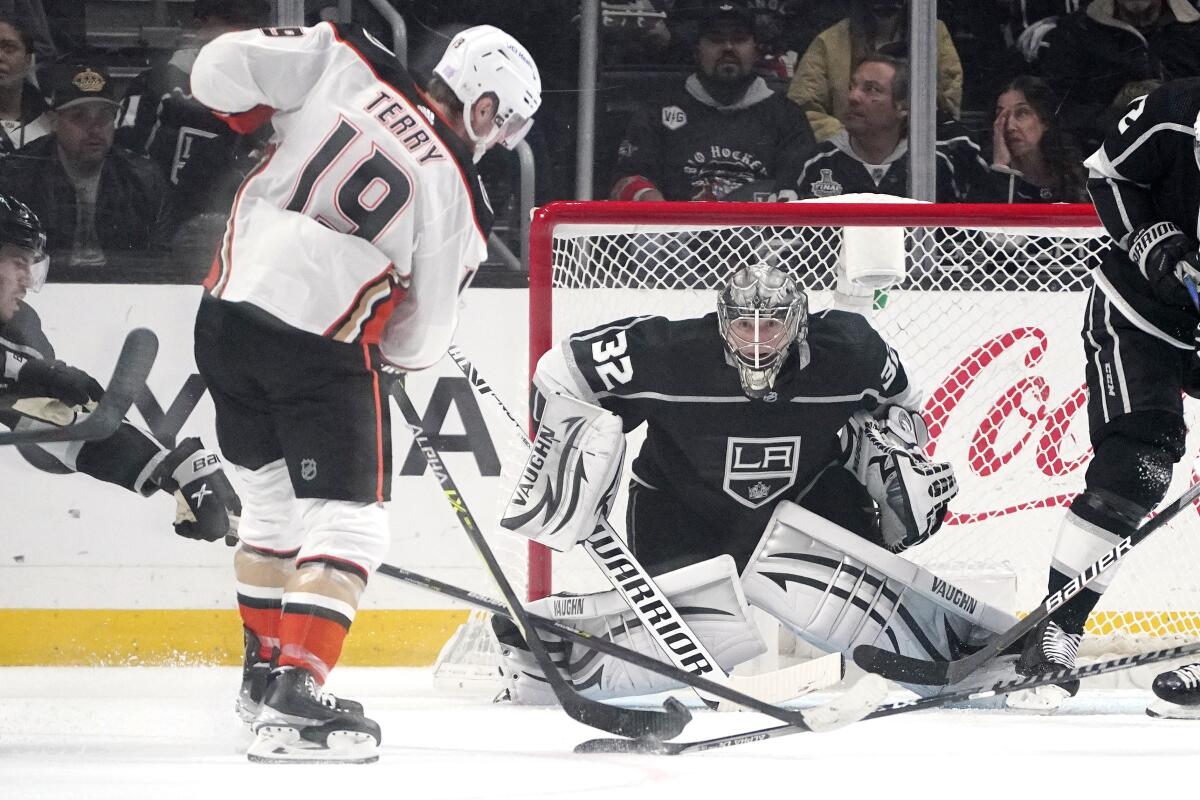 Kings goalie Jonathan Quick prepares for a shot by Ducks center Troy Terry during a game in November.