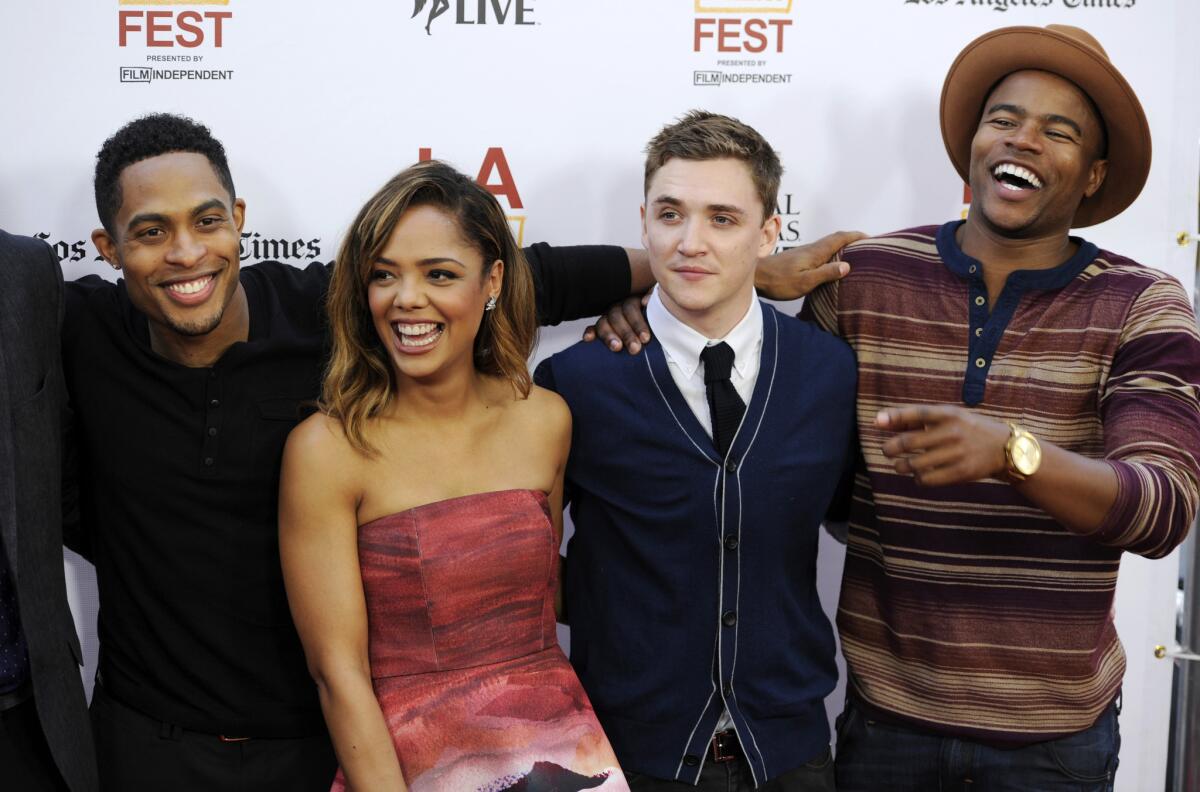 "Dear White People" cast members Brandon Bell, left, Tessa Thompson, Kyle Gallner and Marque Richardson at a screening of the film at the Los Angeles Film Festival on Wednesday in Los Angeles.