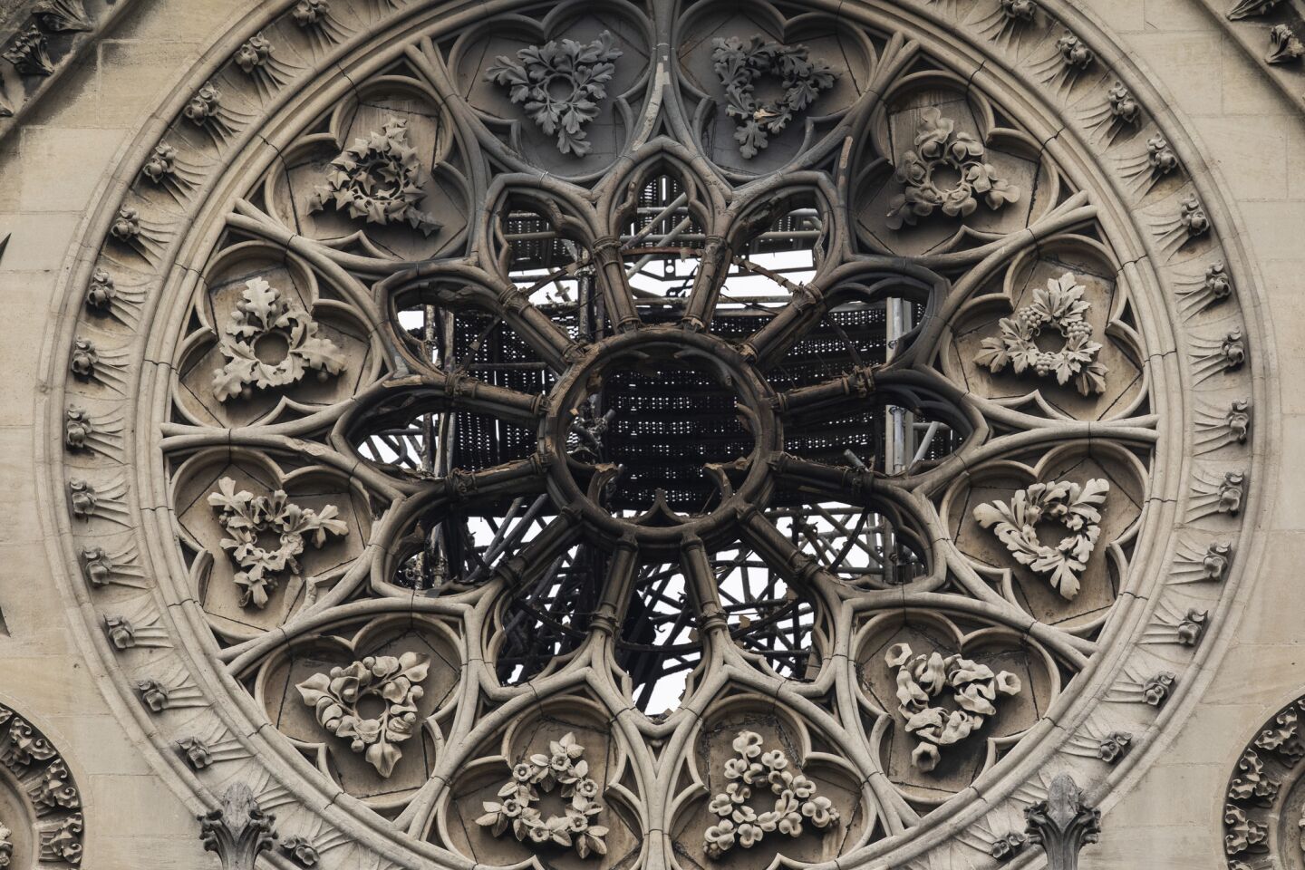 Damage caused to Notre-Dame Cathedral following a major fire in Paris.