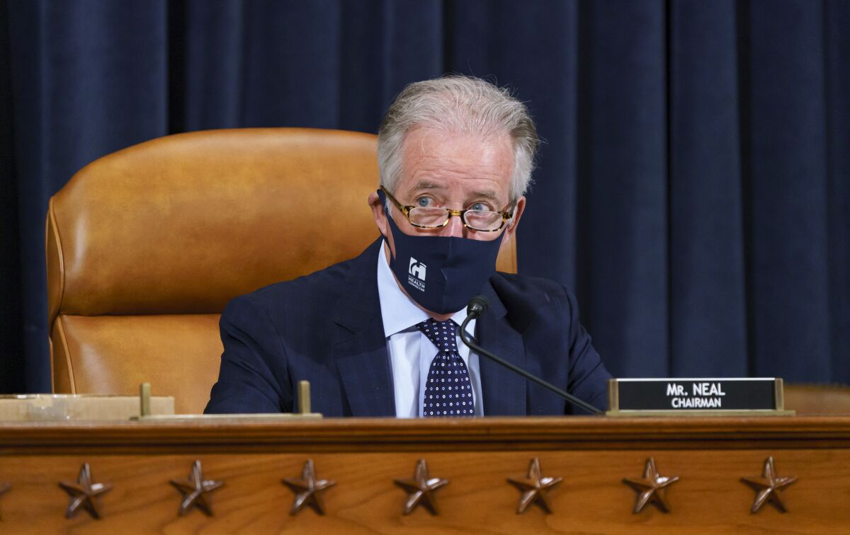 House Ways and Means Committee Chairman Richard Neal, D-Mass., presides over a markup hearing to craft the Democrats' Build Back Better Act, massive legislation that is a cornerstone of President Joe Biden's domestic agenda, at the Capitol in Washington, Thursday, Sept. 9, 2021. The high cost of the bill, to help families and combat climate change, would be financed in part by increasing taxes on the wealthy and corporations. (AP Photo/J. Scott Applewhite)