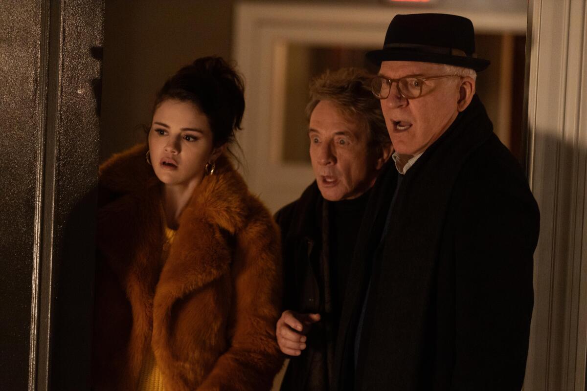 Mabel (Selena Gomez), Oliver (Martin Short) and Charles (Steve Martin) in a scene from "Only Murders in the Building."