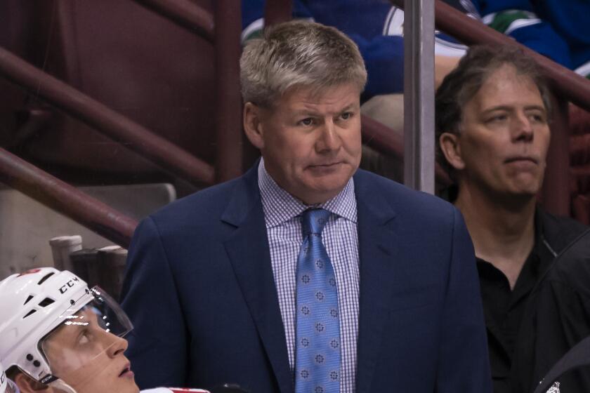 VANCOUVER, BC - OCTOBER 3: Head Coach Bill Peters in NHL action against the Vancouver Canucks on October, 3, 2018 at Rogers Arena in Vancouver, British Columbia, Canada. (Photo by Rich Lam/Getty Images)
