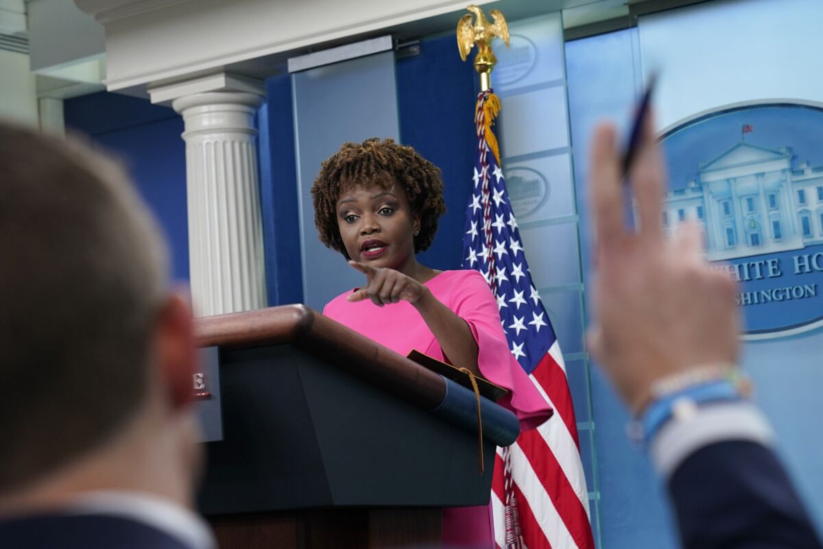 FILE - White House press secretary Karine Jean-Pierre speaks during the daily briefing at the White House in Washington, on May 26, 2022. Not even the White House is immune from the economic trend known as the "great resignation” as employers struggle to fill vacancies and workers jump to new jobs at record rates. The Biden administration is undergoing a period of unusually high staff turnover as President Joe Biden nears his 18-month mark in office. (AP Photo/Susan Walsh, File)