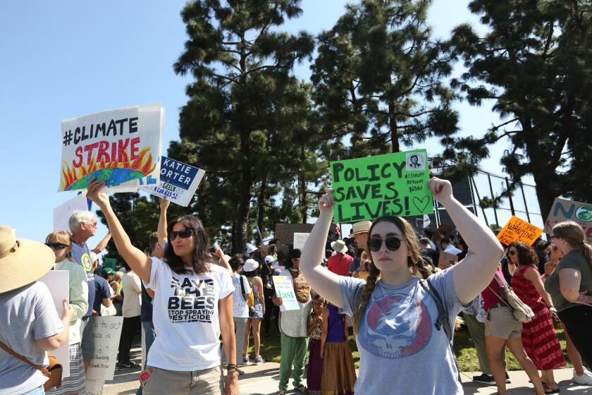 A large crowd gathered during the Climate Strike climate change protest, at the corner of Culver and Alton in Irvine, on Friday, Sept. 20, 2019. People throughout the world came out today to protest against climate change.