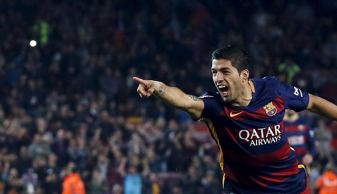 Barcelona's Luis Suarez celebrates his second goal against Eibar during their Spanish first division soccer match at Camp Nou stadium in Barcelona