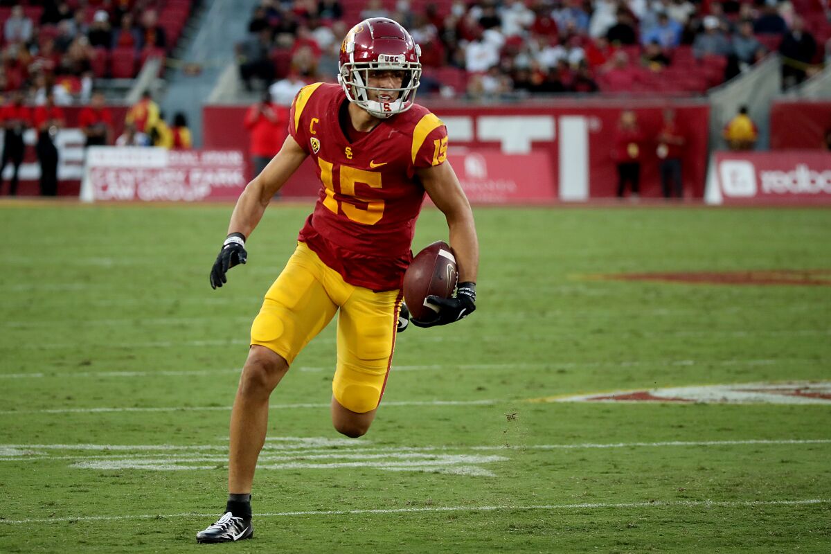  USC wide receiver Drake London heads to the end zone against Utah in October.