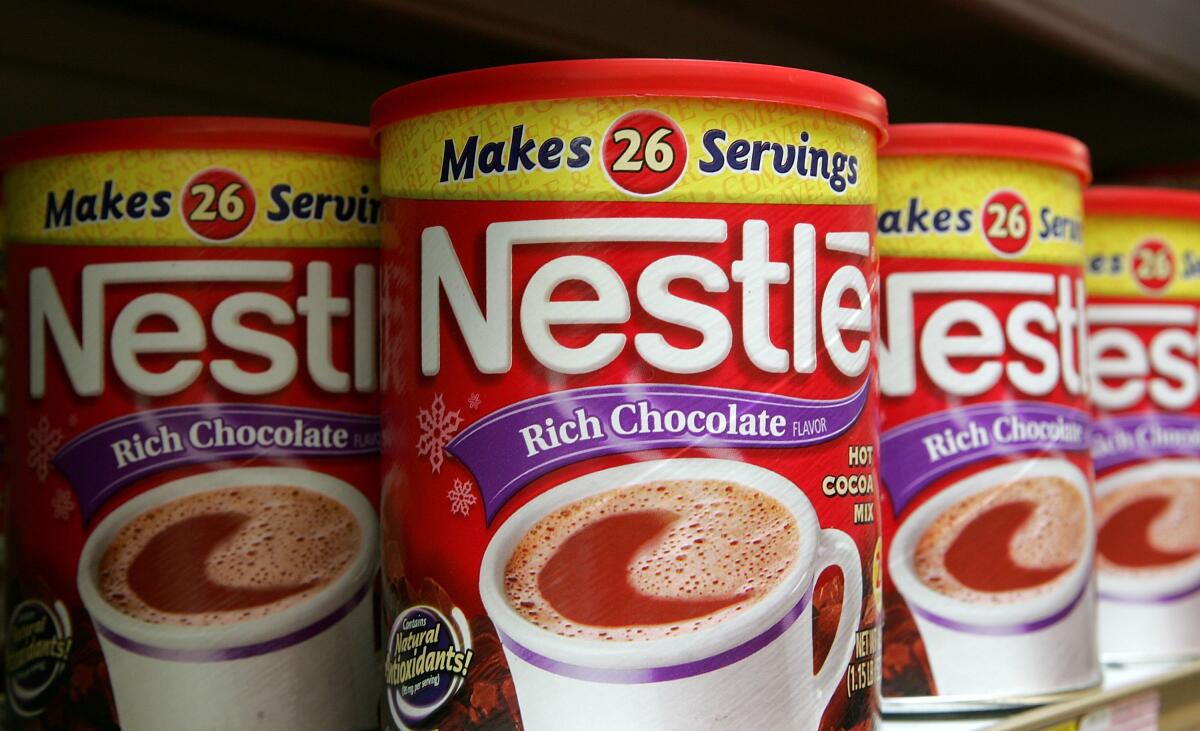 Containers of Nestlé hot chocolate. 
