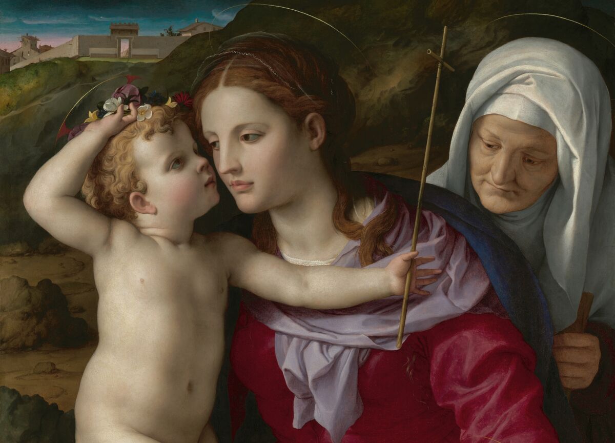 A detail from Agnolo Bronzino's 16th-century painting "Virgin and Child with Saint Elizabeth and Saint John the Baptist," among the pieces on display in the new exhibit "Museum Acquisitions 2019: Director’s Choice" at the Getty.