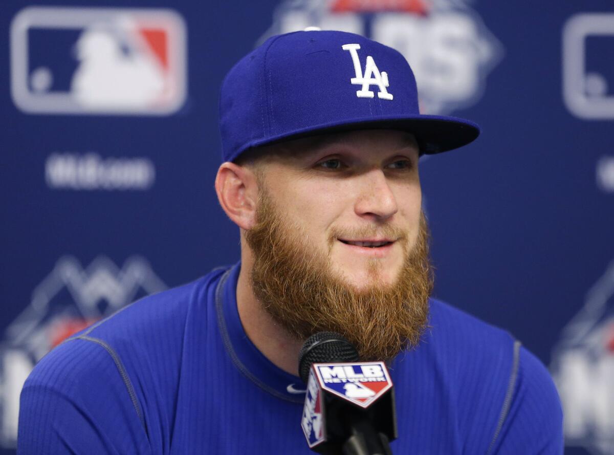 Dodgers reliever J.P. Howell answers questions during a news conference during the National League Division Series in New York on Oct. 13.