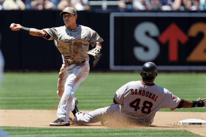 Everth Cabrera (left) tries for a double play in July 2011 against the Giants.
